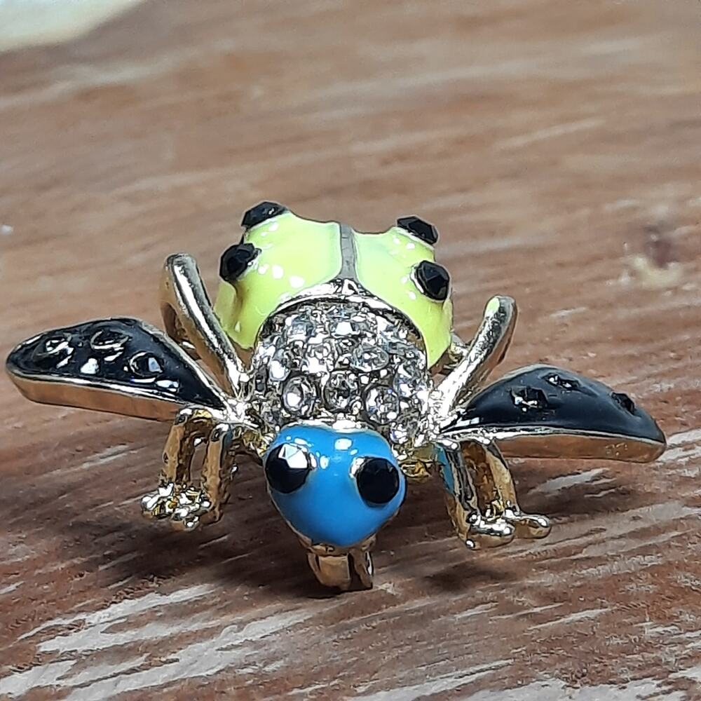 Whimsical Bumble Bee Pin Brooch Gold Tone Yellow Blue Black